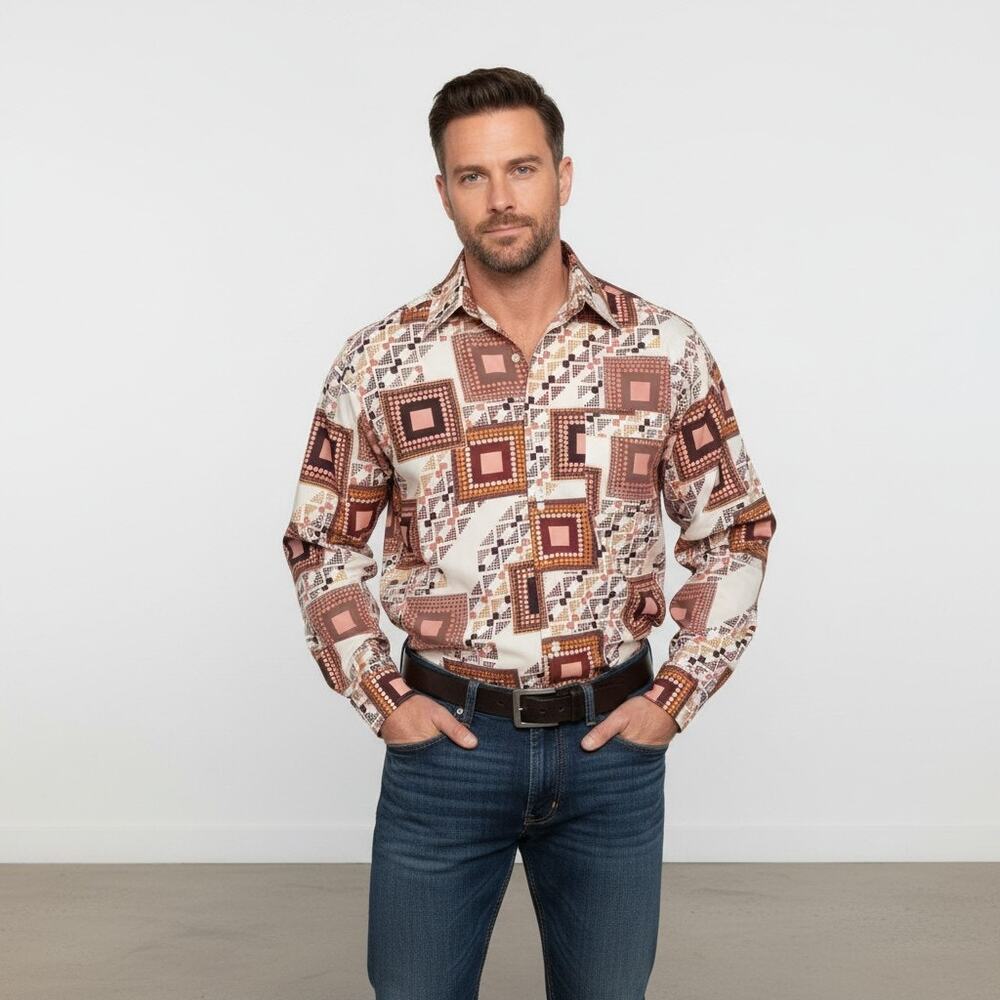 Vintage 1970s Lancer Shirt, Geometric Disco Button Up Retro Mod Print Mens Large
